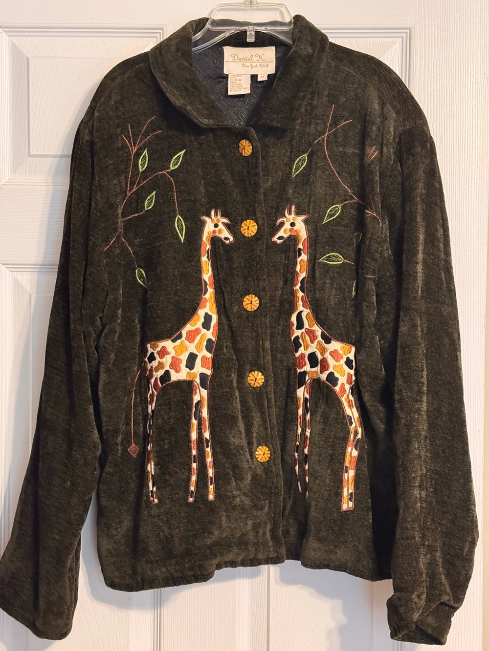 Vintage Daniel K. Deep Green Velvet Embroidered Giraffe Wooden Button Blazer XL